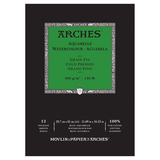 Arches Watercolor Pad 11.69x16.53-inch Natural White 100% Cotton Paper - 12 Sheet Arches Watercolor Paper 140 lb Cold Press Pad - Arches Art Paper for Watercolor Gouache Ink Acrylic and More